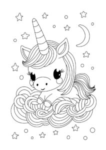Единороги бесплатная раскраска распечатать на А4 - Малютка Единорог среди облаков