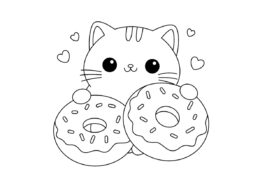 Котёнок и пончики распечатать раскраску - Коты, кошки, котята