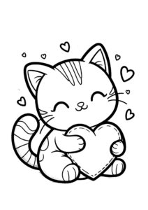 Кошечка с плюшевым сердечком в руках раскраска распечатать на А4 - Коты, кошки, котята