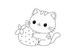 Милый котёнок с клубничкой распечатать и скачать раскраску - Коты, кошки, котята