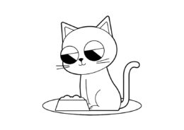 Бесплатная раскраска Стильный кот с миской корма распечатать на А4 - Коты, кошки, котята