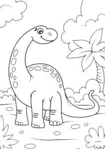 Зауропод на лужайке раскраска распечатать и скачать - Динозавры