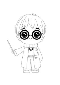 Чиби Гарри Поттер с волшебной палочкой (Гарри Поттер) разукрашка для печати на А4