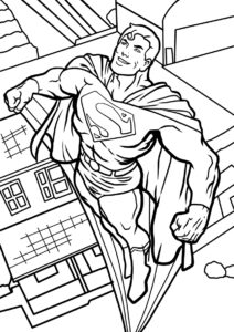 Супермен взлетает над городом распечатать раскраску - Супермен
