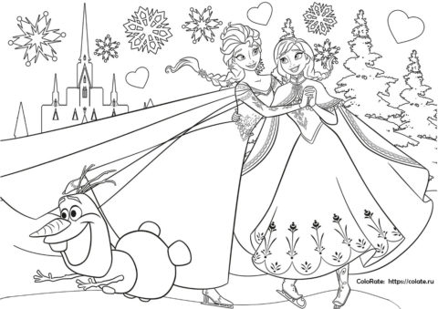 Бесплатная разукрашка - Анна и Эльза на катке - Frozen