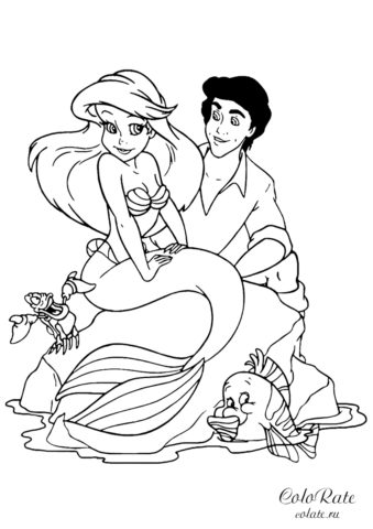 Ариэль с принцем Эриком - бесплатная разукрашка для детей