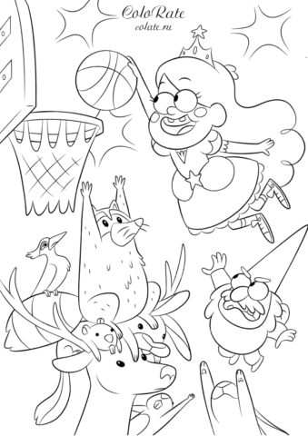 Баскетбол с обитателями леса - распечатать раскраску из мультфильма Гравити Фолз