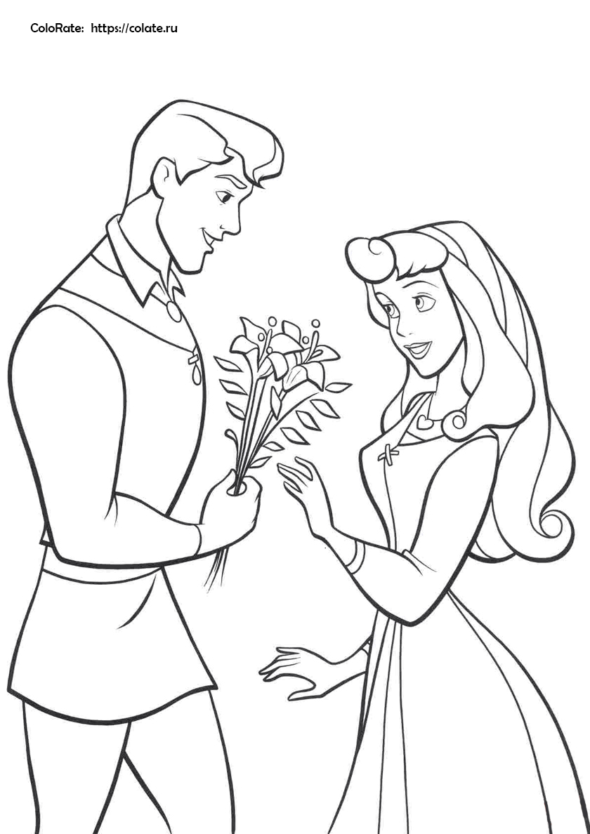 Раскраска - Принцесса Аврора и роза