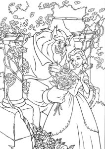 Филипп дарит Белль цветы - раскраска по мультику Красавица и чудовище