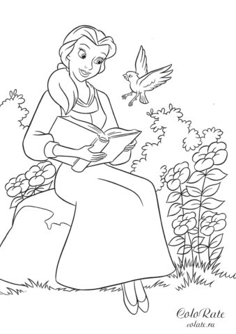 Чтение на природе - раскраска с Белль из мультика Красавица и чудовище
