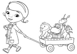 Доктор Плюшева с друзьями - детская разукрашка из мультфильма Доктор Плюшева распечатать на листах формата А4
