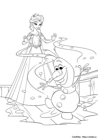 Раскраска Эльзы и Олафа из мультфильма Холодное сердце