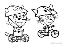 Раскраска Три кота - Гоня и Карамелька катаются на велосипедах