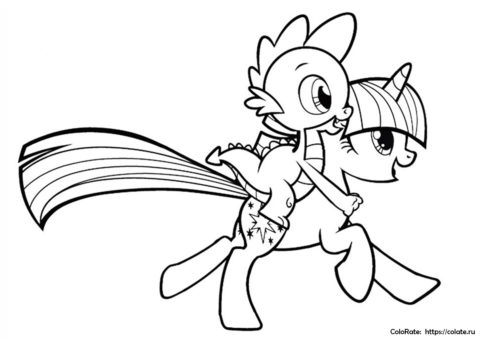 Искорка и Спайк - раскраска для девочек распечатать - My Little Pony