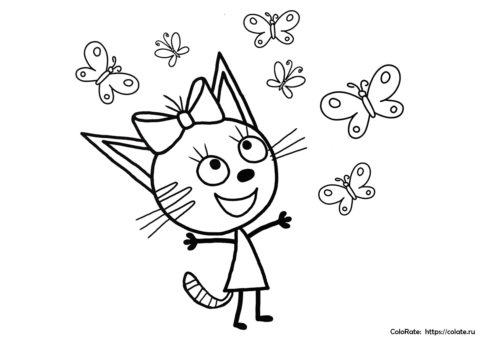 Раскраска для девочек - Карамелька с бабочками - Три кота (мультфильм)