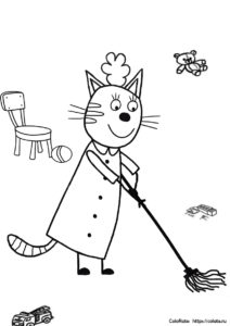 Три кота - бесплатная разукрашка для детей - Кисуля убирается в детской