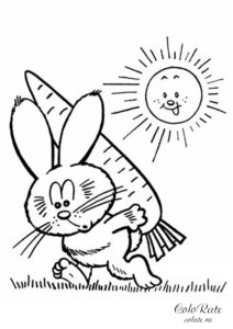 Раскраска для печати - Кролик несёт на спине морковку
