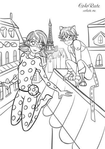 Разукрашка Леди Баг и Супер-кот в Париже скачать и распечатать