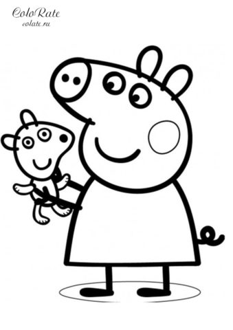 Свинка Пеппа с любимой игрушкой - раскраска для детей распечатать на А4