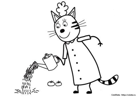 Мама котиков работает в саду - раскраска из мультфильма Три кота