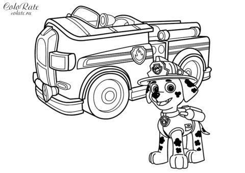 Маршал с пожарной машиной - разукрашка для детей