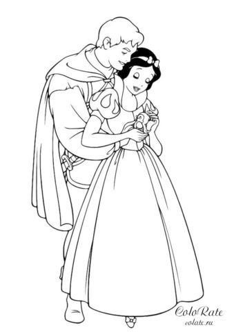Принц обнимает Белоснежку - разукрашка для девочек