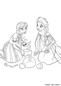 Эльза и Анна собирают Олафа по частям - раскраска для детей распечатать