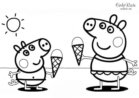 Раскраска Свинка Пеппа и Джордж с мороженным скачать и распечатать