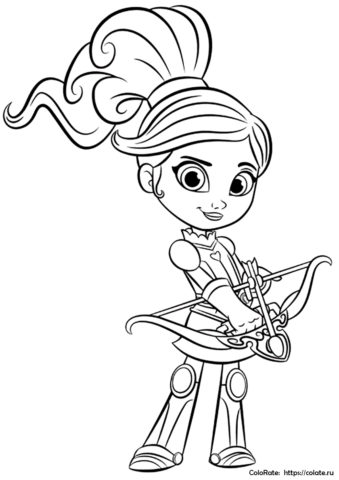 Принцесса Нелла с луком - раскраска для девочек скачать и распечатать на А4