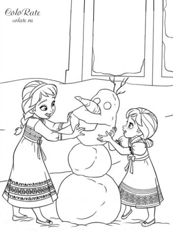 Холодное сердце - раскраска Принцессы лепят снеговика