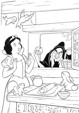 Мачеха с яблоком - разукрашка по мультфильму о Белоснежке