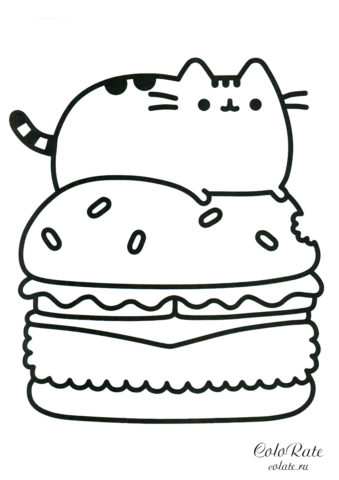 Pusheen Cat и огромный сэндвич разукрашка для девочек