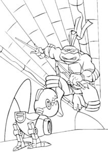 Рафаэль нападает на робота - детская раскраска из рубрики "Черепашки-ниндзя"