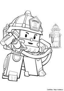 Раскраска Рой тушит пожар из мультфильма о Робокаре Поли