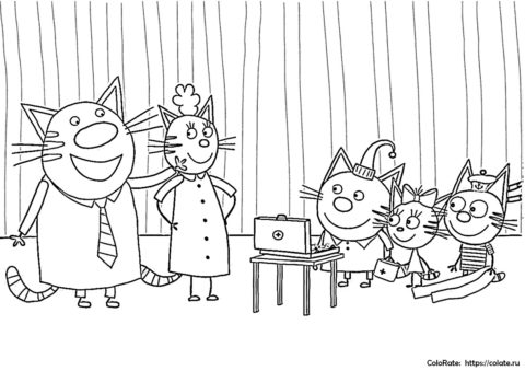 Семейный отдых - разукрашка из мультфильма Три кота для детей