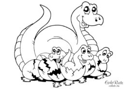 Счастливая семья динозавров - распечатать раскраску