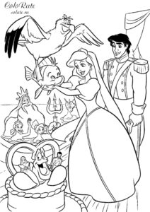 Свадьба Ариэль и принца Эрика на корабле - бесплатная раскраска для девочек