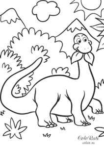 Маленький брахиозавр угощается травой - раскраска