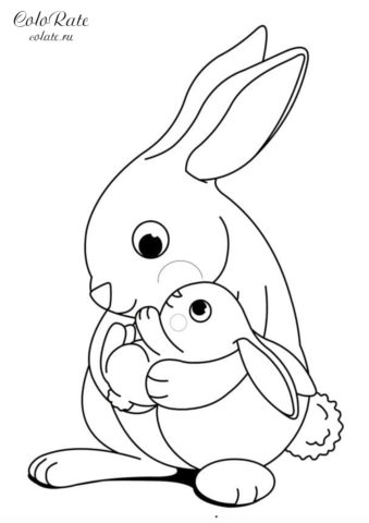Зайчишка с мамой - разукрашка для детей
