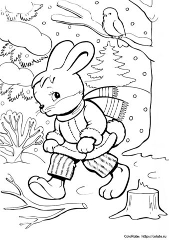 Зимнее приключение - раскраска с зайчиком в лесу