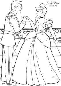 Принц держит Золушку за руку - раскраска для девочек