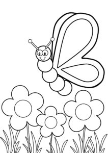 Бабочка кружит над цветами (Бабочки) разукрашка для печати на А4
