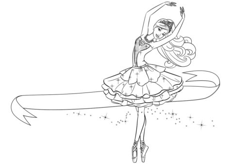 Балерина бесплатная разукрашка - Барби с ленточкой