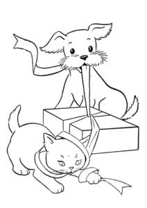 Бобик и усатый друг распаковывают подарок (Собаки и щенки) распечатать раскраску