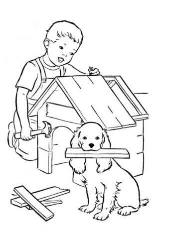 Болонка и её юный хозяин строят будку (Собаки и щенки) бесплатная раскраска