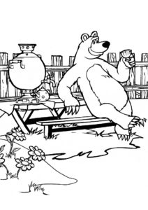 Чаепитие на свежем воздухе (Маша и Медведь) бесплатная раскраска