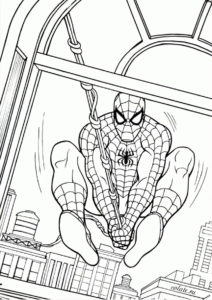 Человек-паук залетает в здание - бесплатная раскраска