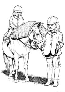 Разукрашка Дети и пони распечатать и скачать - Лошади и пони