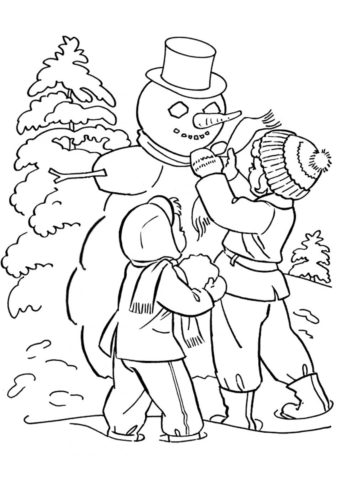 Бесплатная раскраска Дети лепят снеговика распечатать на А4 и скачать - Зима