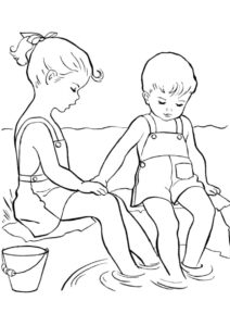 Девочка и мальчик моют ноги в реке бесплатная раскраска - Лето